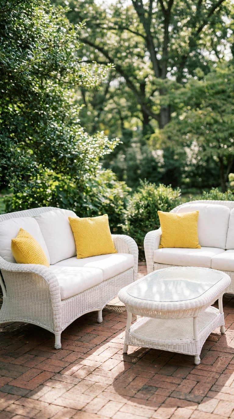 salon rotin blanc coussins jaunes