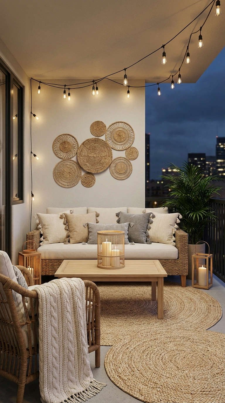 salon rotin lanternes tapis rond