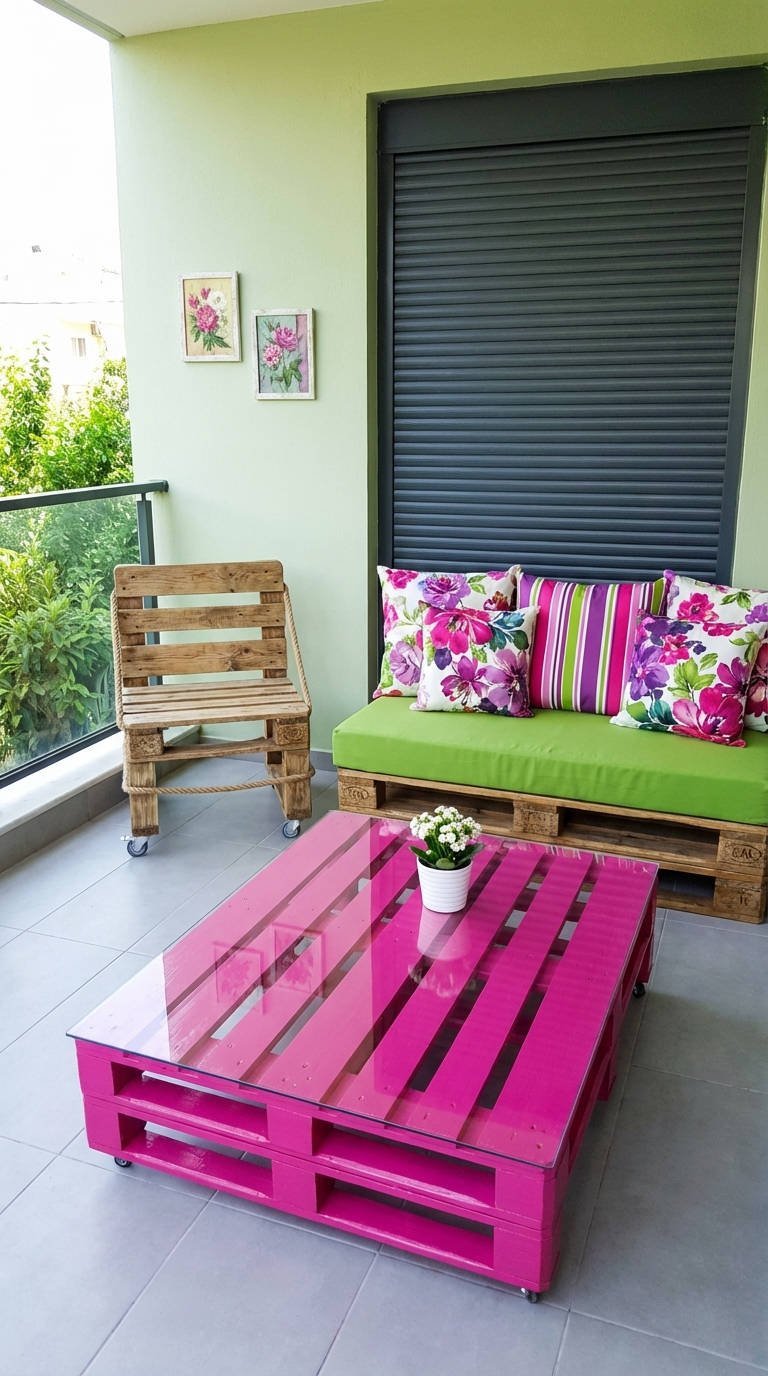 balcon palettes rose vert coussins floraux