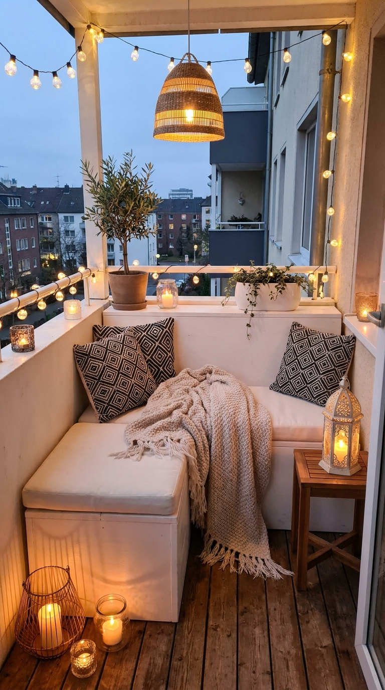 banquette angle lampions bois balcon