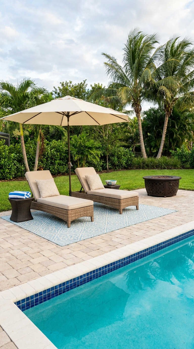 meridiennes parasol terrasse piscine palmiers