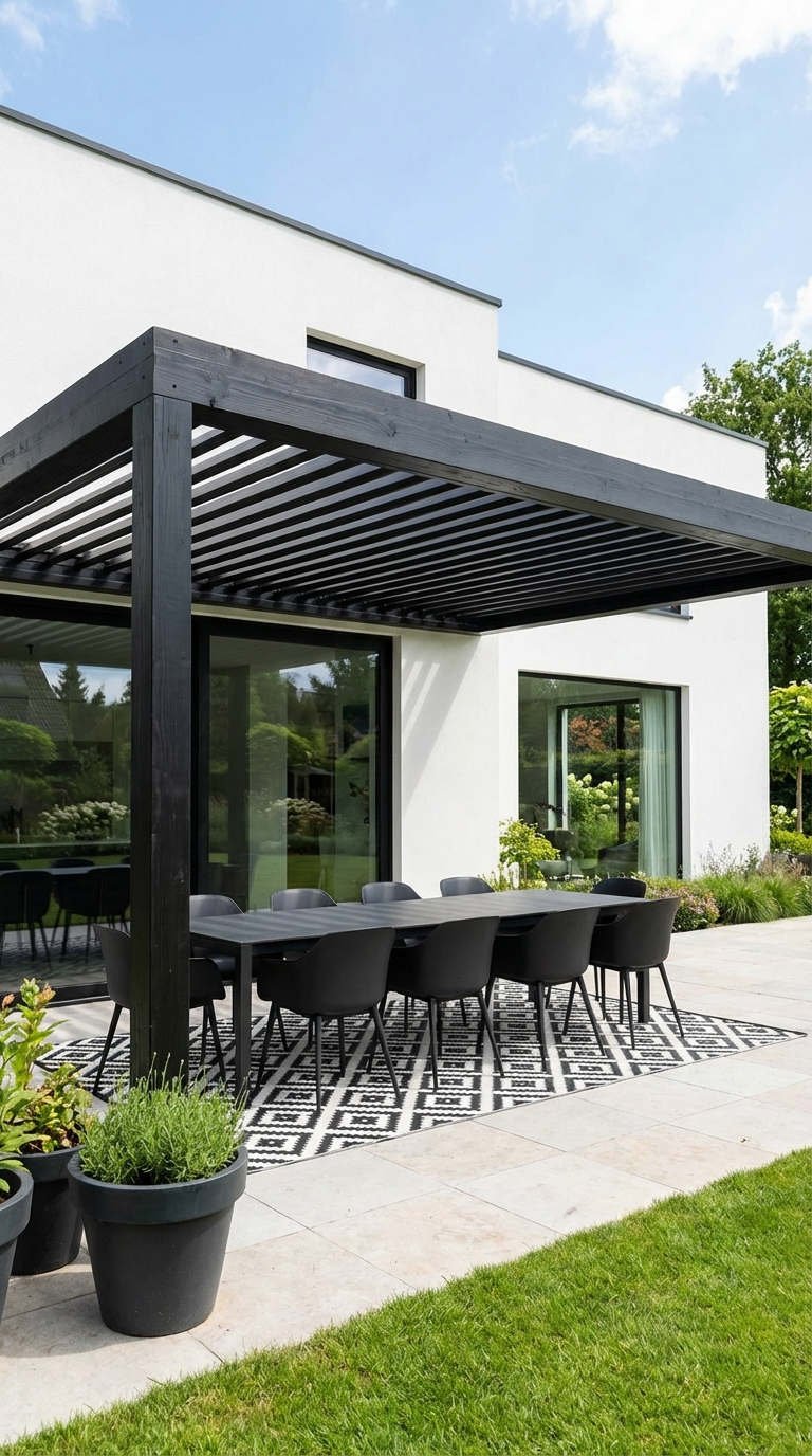 pergola noire tapis geometrique repas