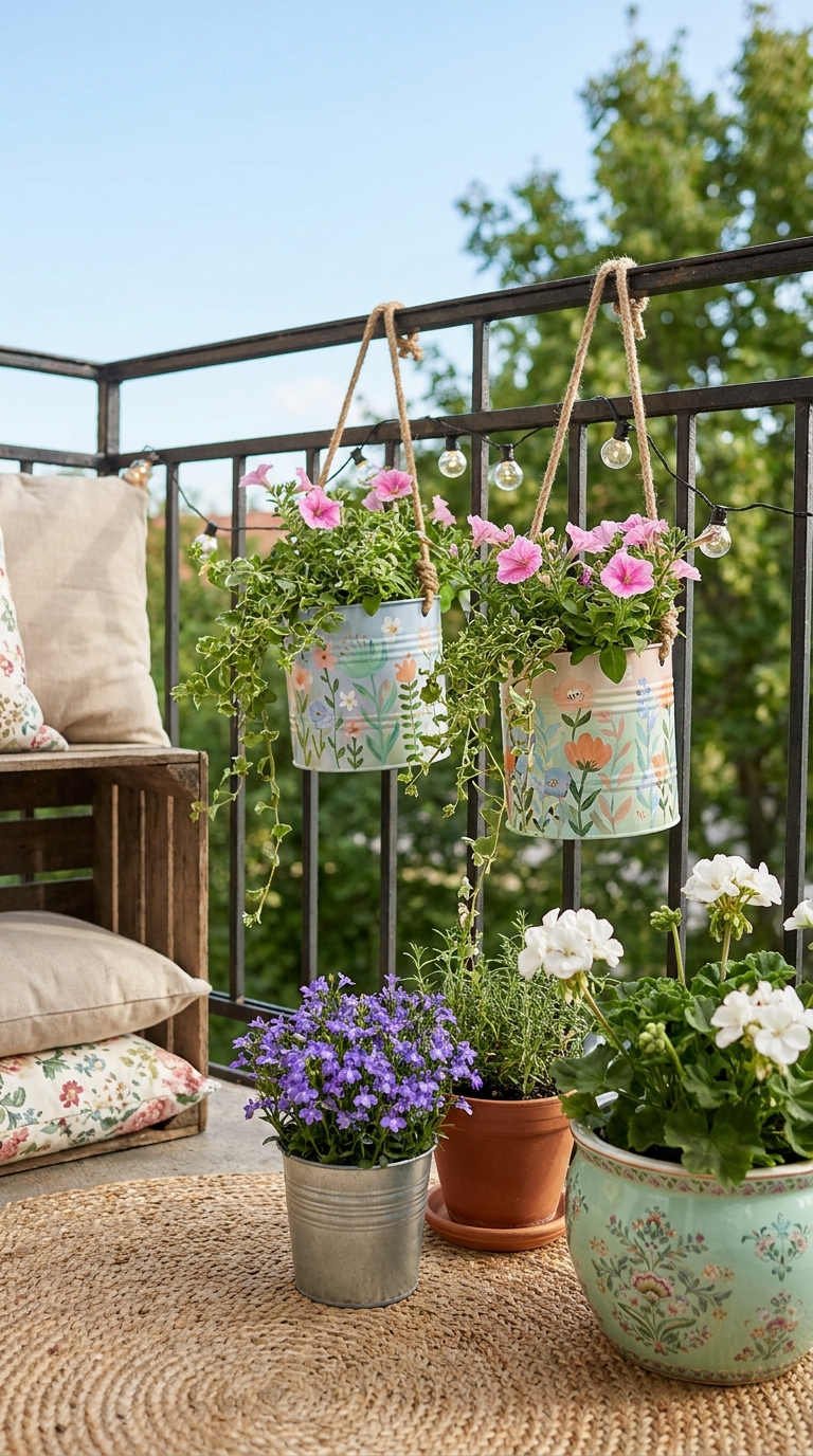 seaux suspendus balcon fleuri