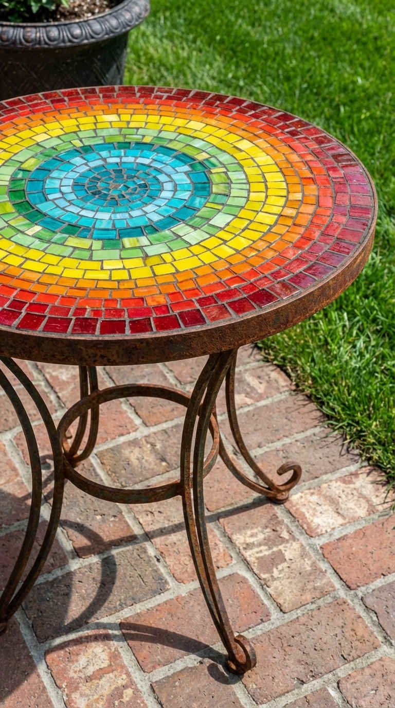 table mosaique arcenciel briques metal patine