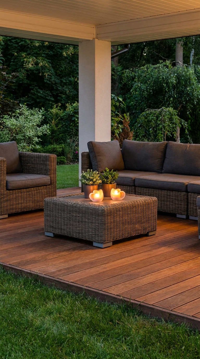 terrasse couverte rotin brun bougies