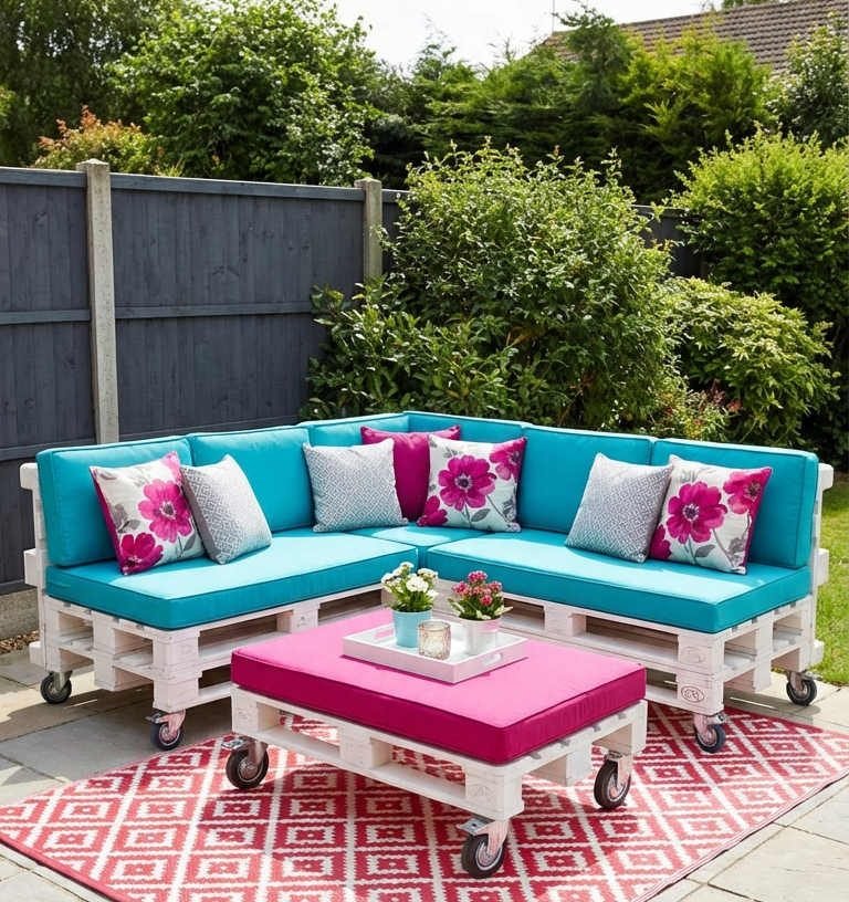 terrasse palette blanche coussins turquoise roulettes