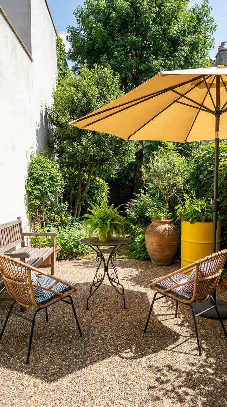 cour gravier parasol fauteuils jardin