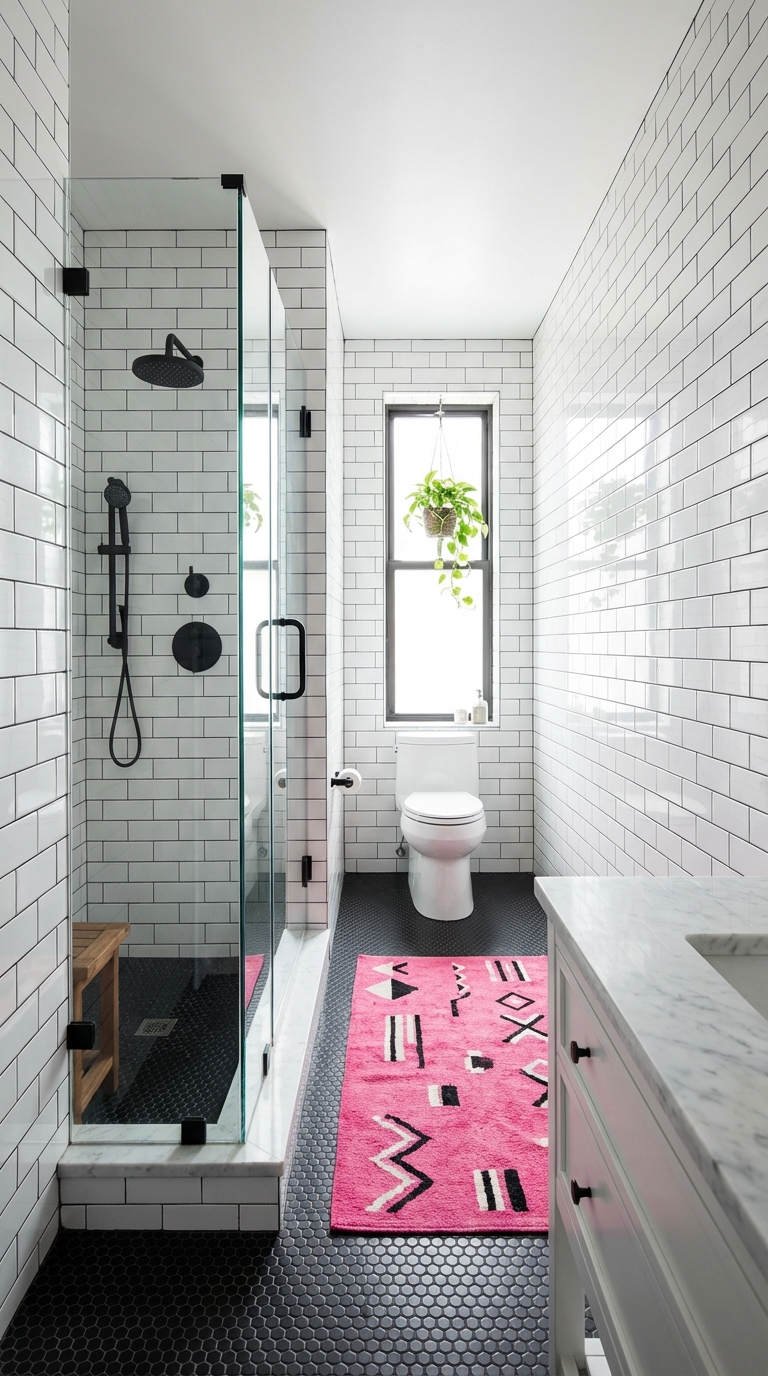 faience blanche tapis rose fluo