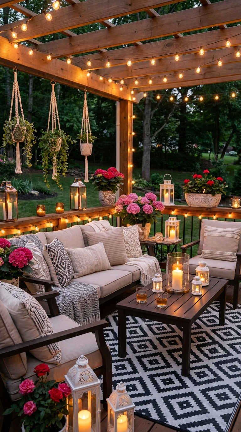 pergola lumineuse fleurs lanternes salon