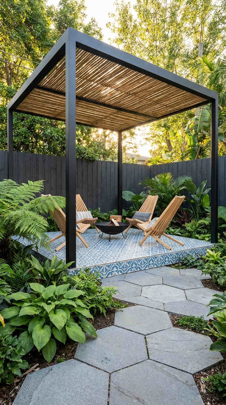 pergola metal toit bambou carreaux ciment