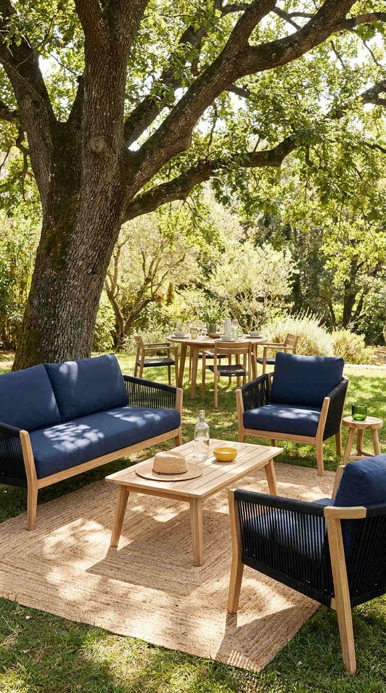 salon jardin arbre coussins bleus