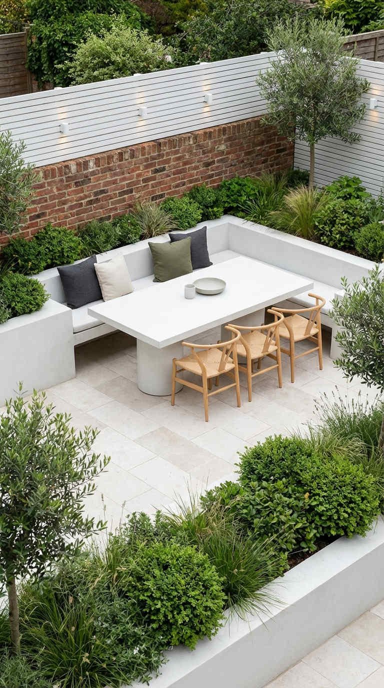terrasse table blanche chaises wishbone