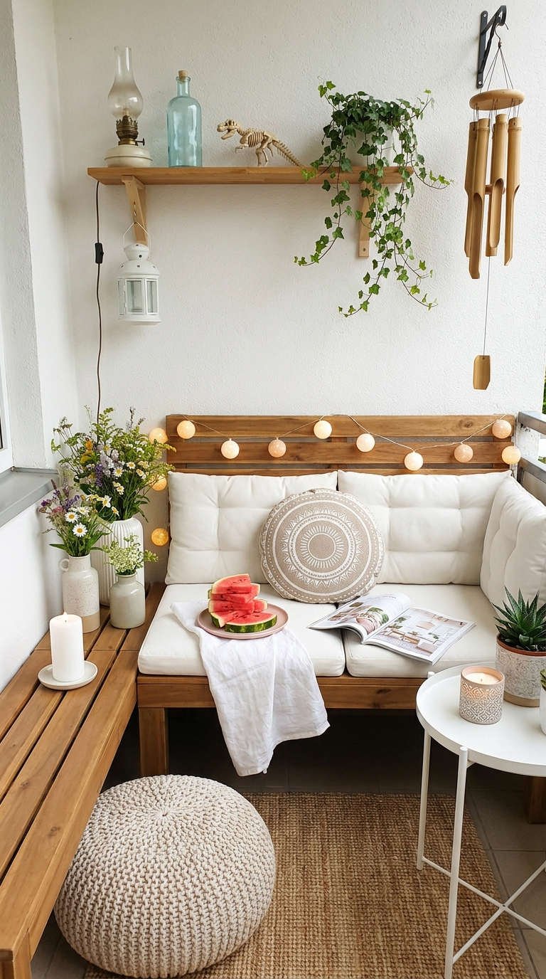 banquette creme bois guirlande bougies