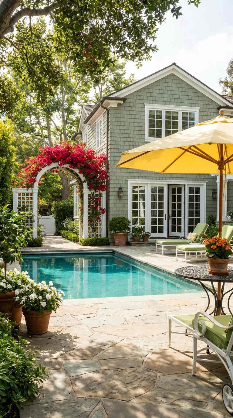 jardin fleuri piscine arche romantique