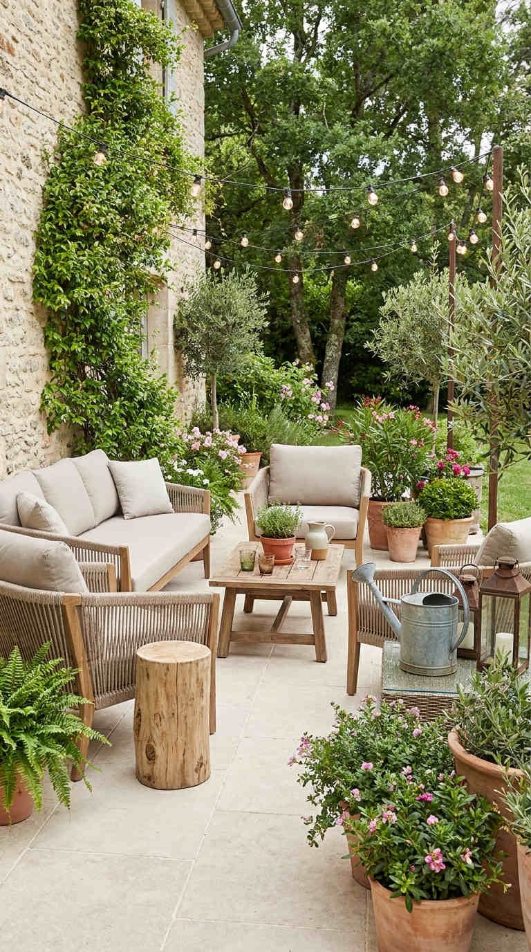 patio campagne plantes corde guirlandes