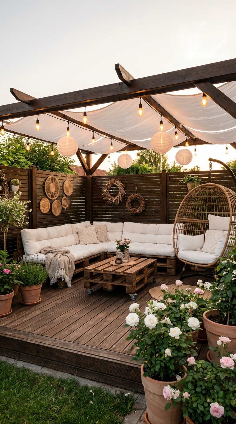 pergola sombre voilages lampions salon