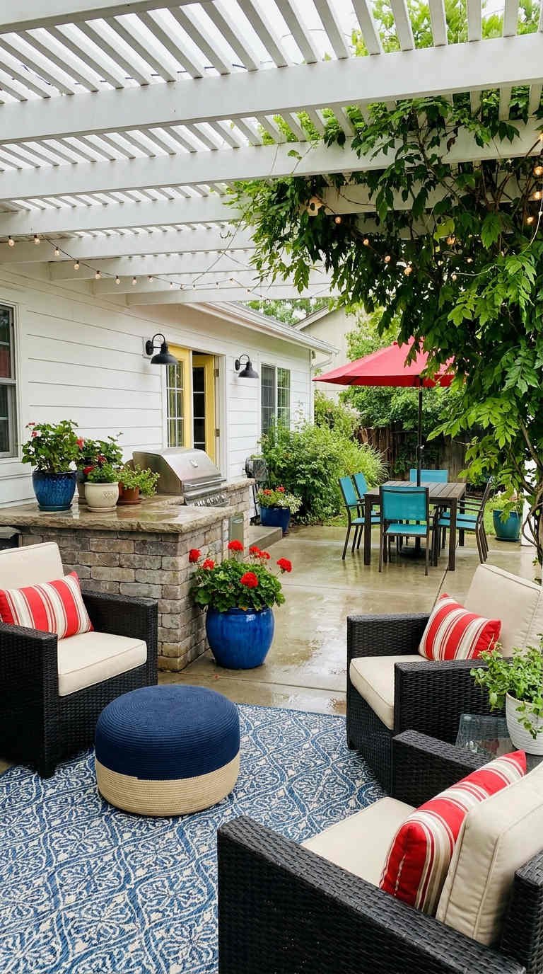 terrasse familiale rayures bleu rouge