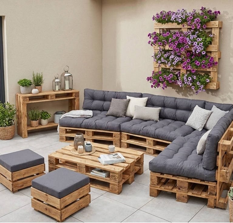 terrasse palette salon u mur fleurs violets