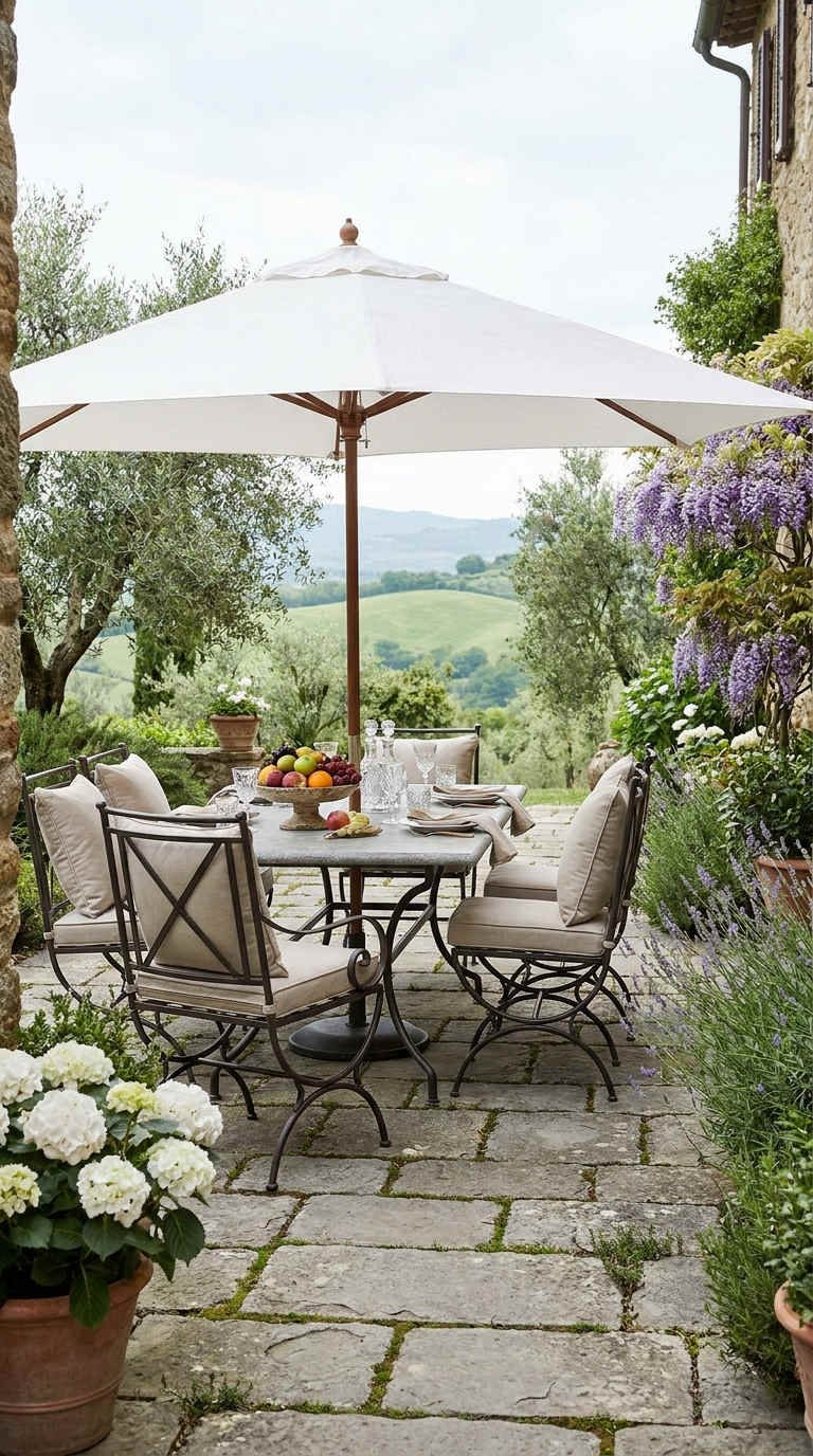 terrasse vue campagne repas parasol