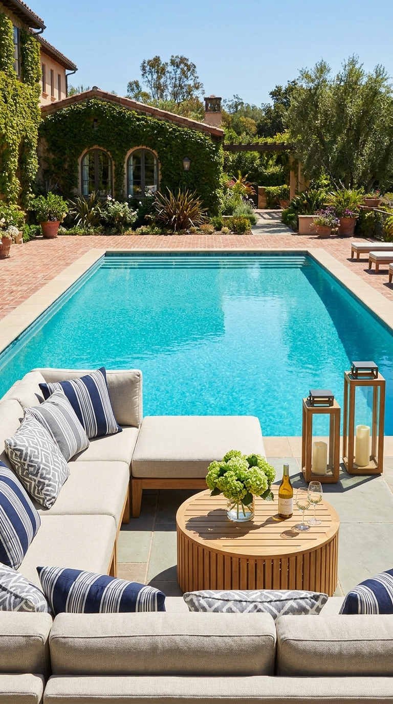 cour mediterraneenne piscine briques vignes