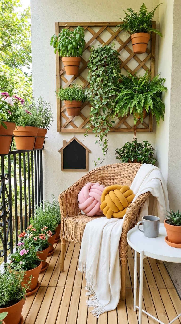 fauteuil rotin treillage plantes terrecuite