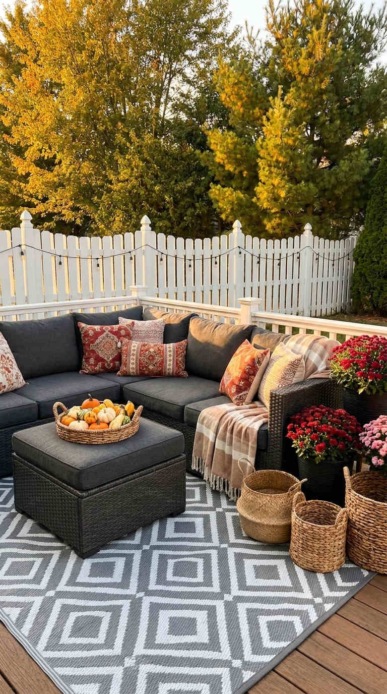 terrasse automne tapis graphique coussins