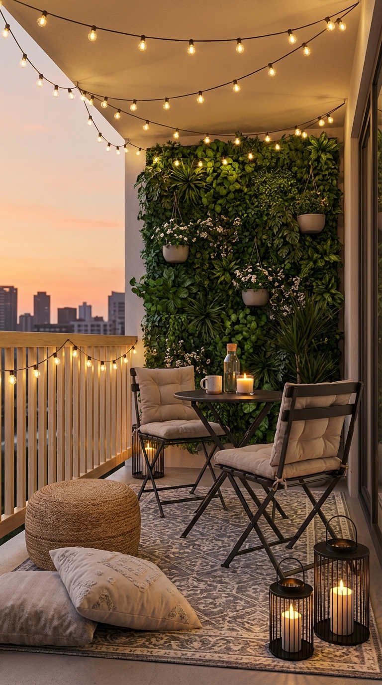 balcon guirlandes lanternes mur vegetal