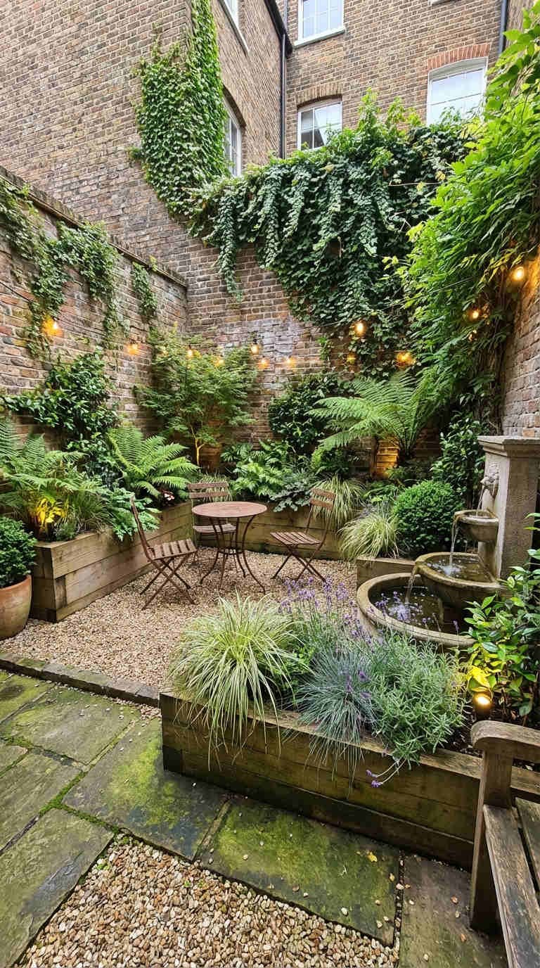 cour brique fontaine lierre guirlandes
