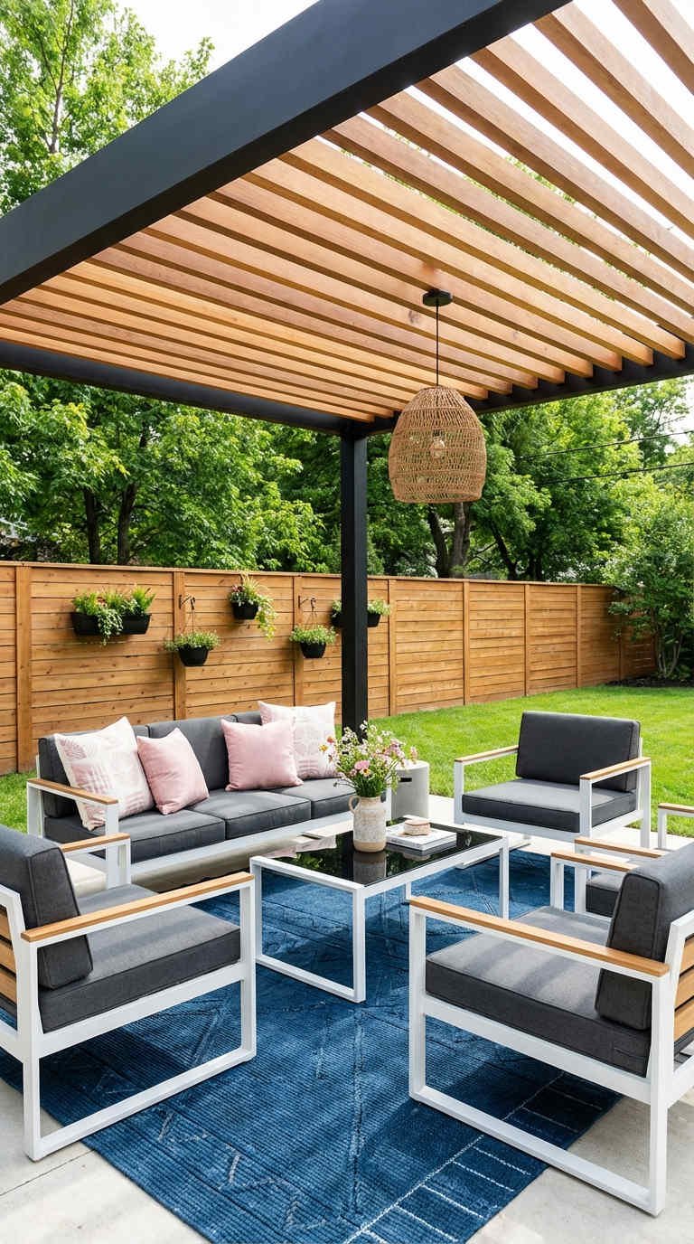 pergola moderne salon tapis bleu