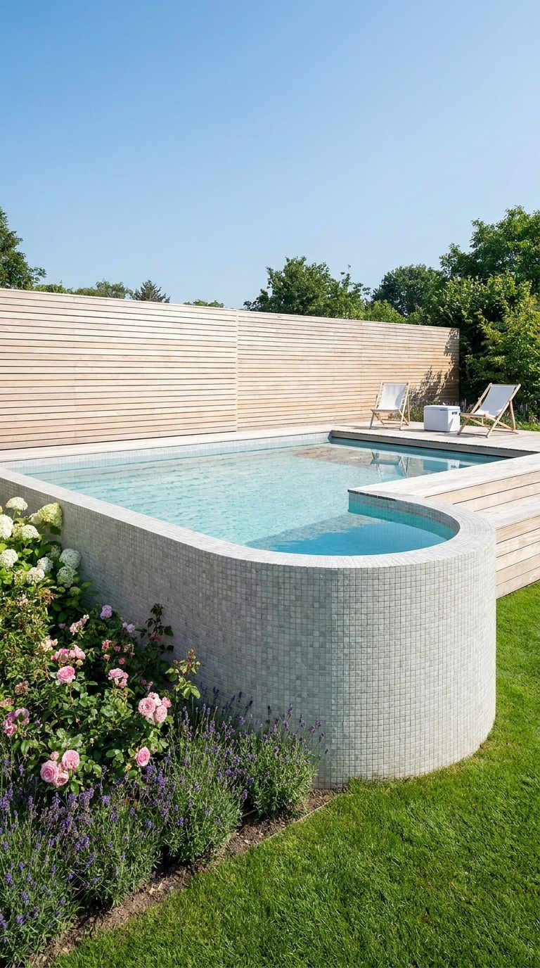 piscine mosaique claire jardin fleuri
