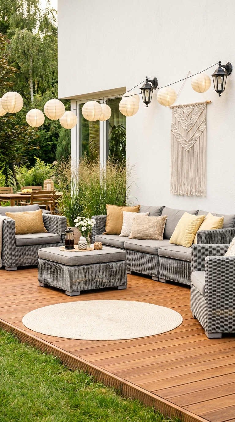 salon jardin lanternes deck gris