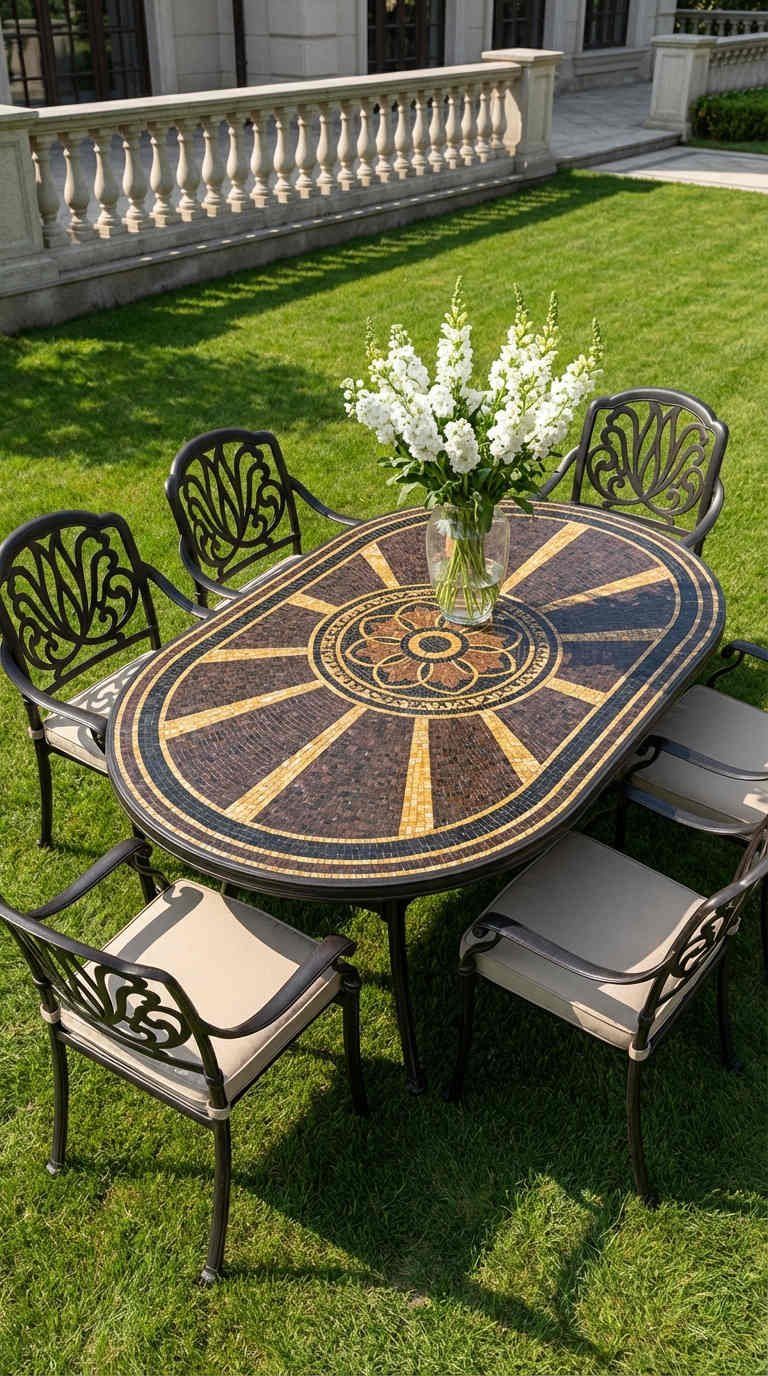 table ovale mosaique chaises coussins gazon