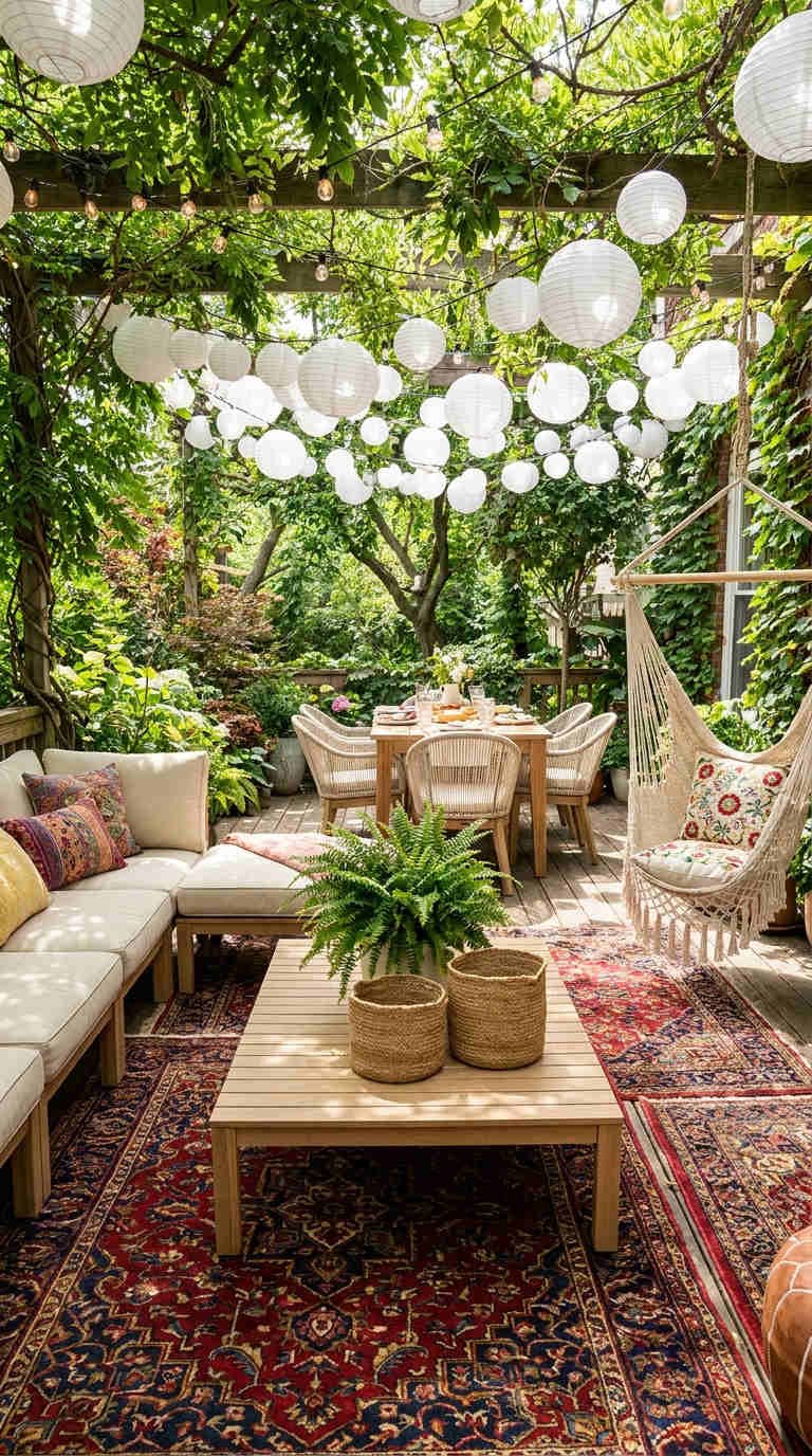 terrasse lanternes blanches jardin boheme