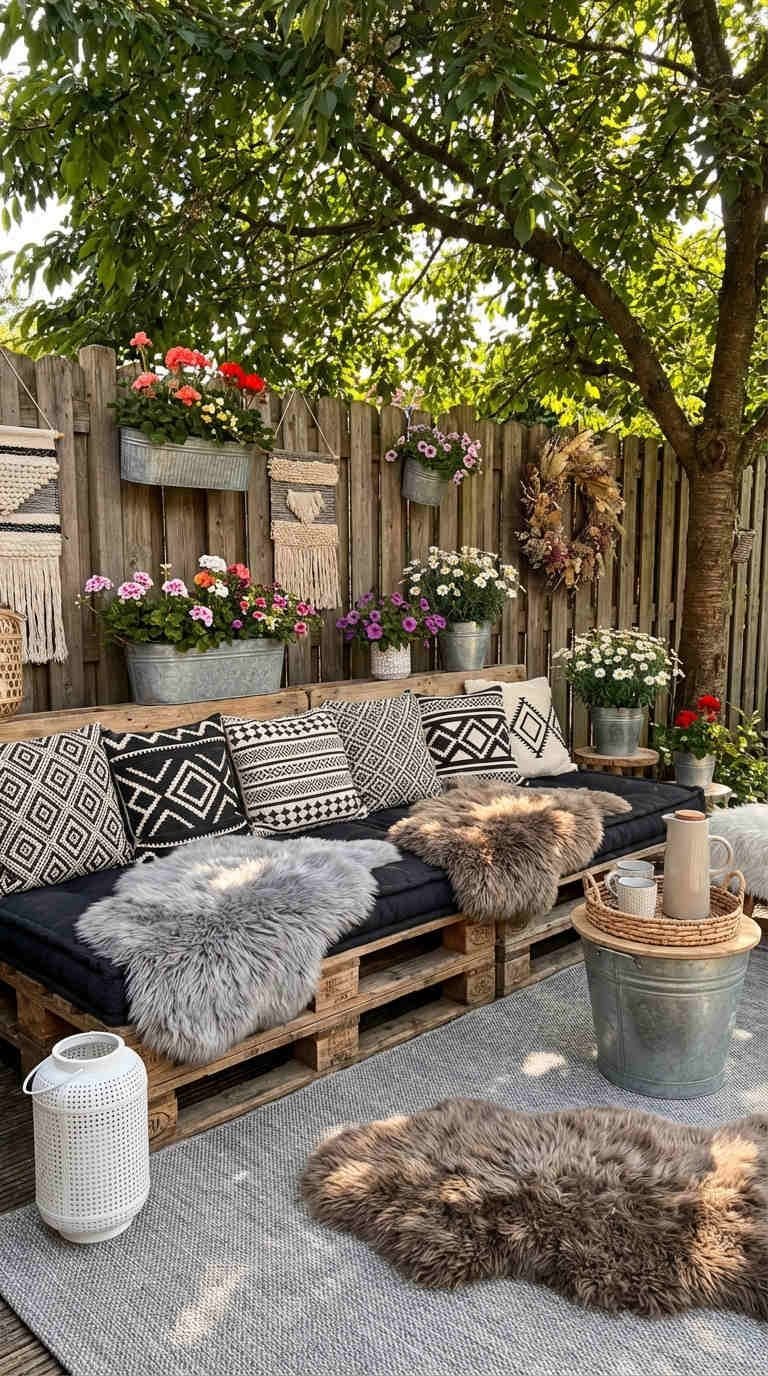 terrasse palette boheme coussins geometriques fleurs