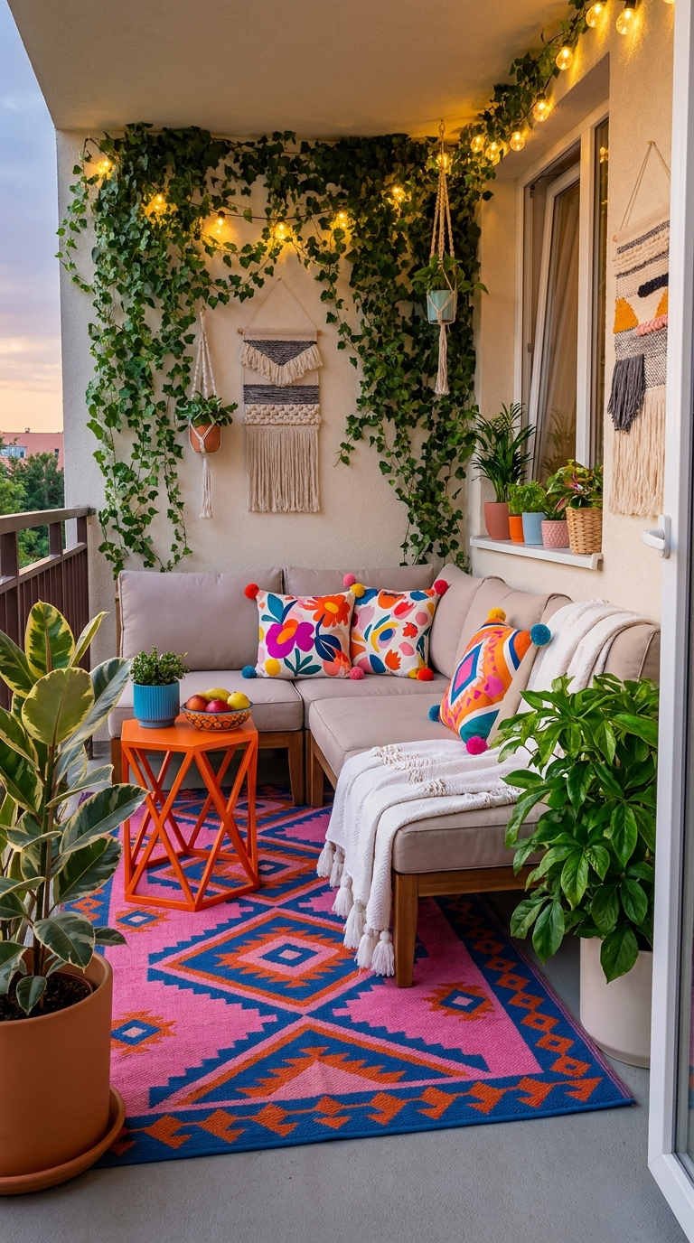 balcon boheme tapis colore plantes