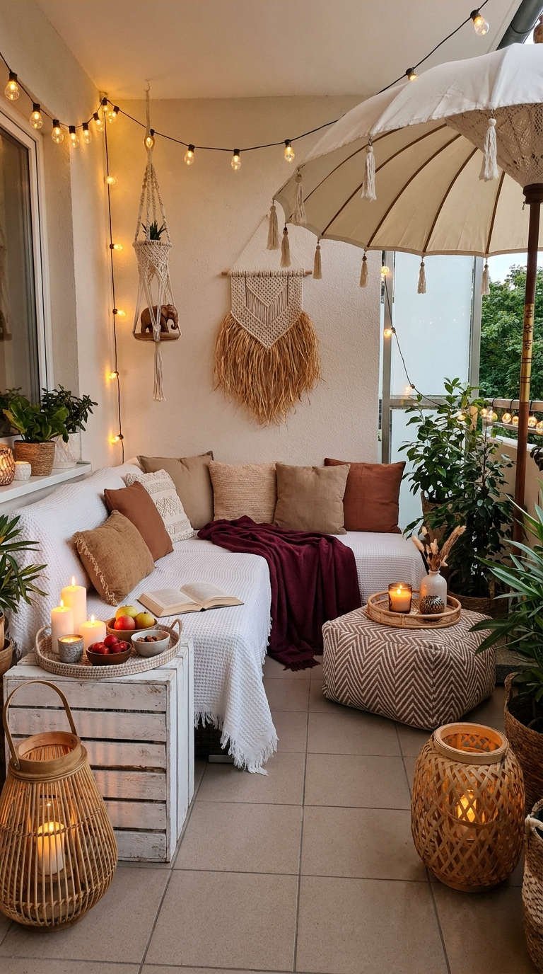 balcon boheme banquette lanternes cosy