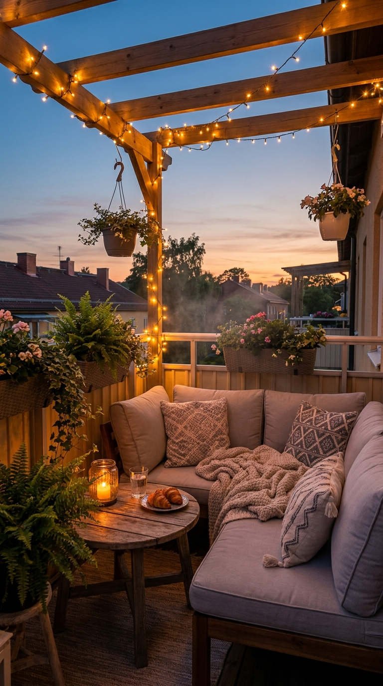 balcon pergola guirlandes canape soir