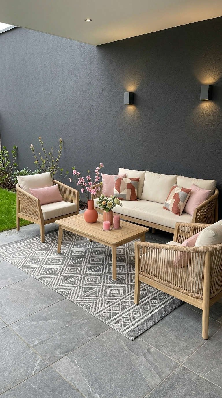 patio mur noir coussins poudres