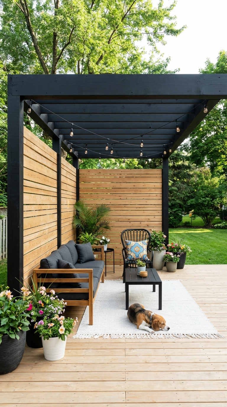 pergola noire canape bois lumiere