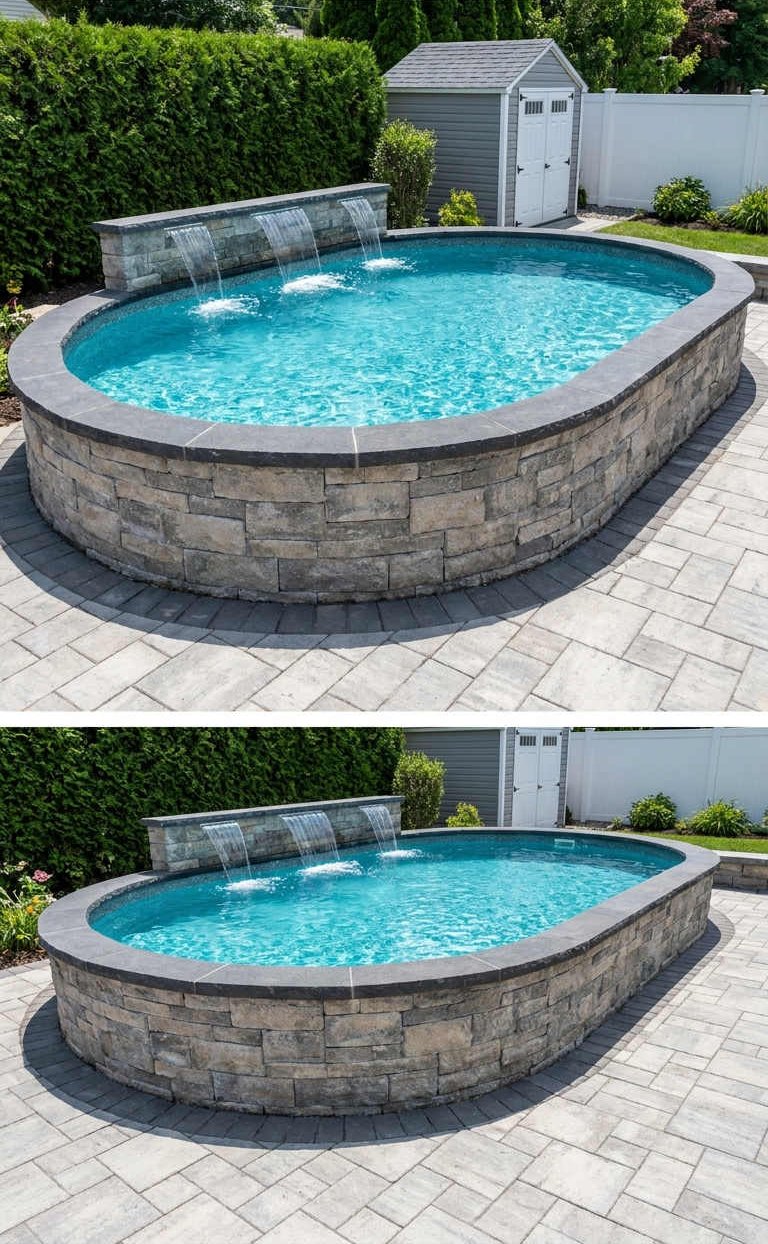 piscine pierre cascade ovale