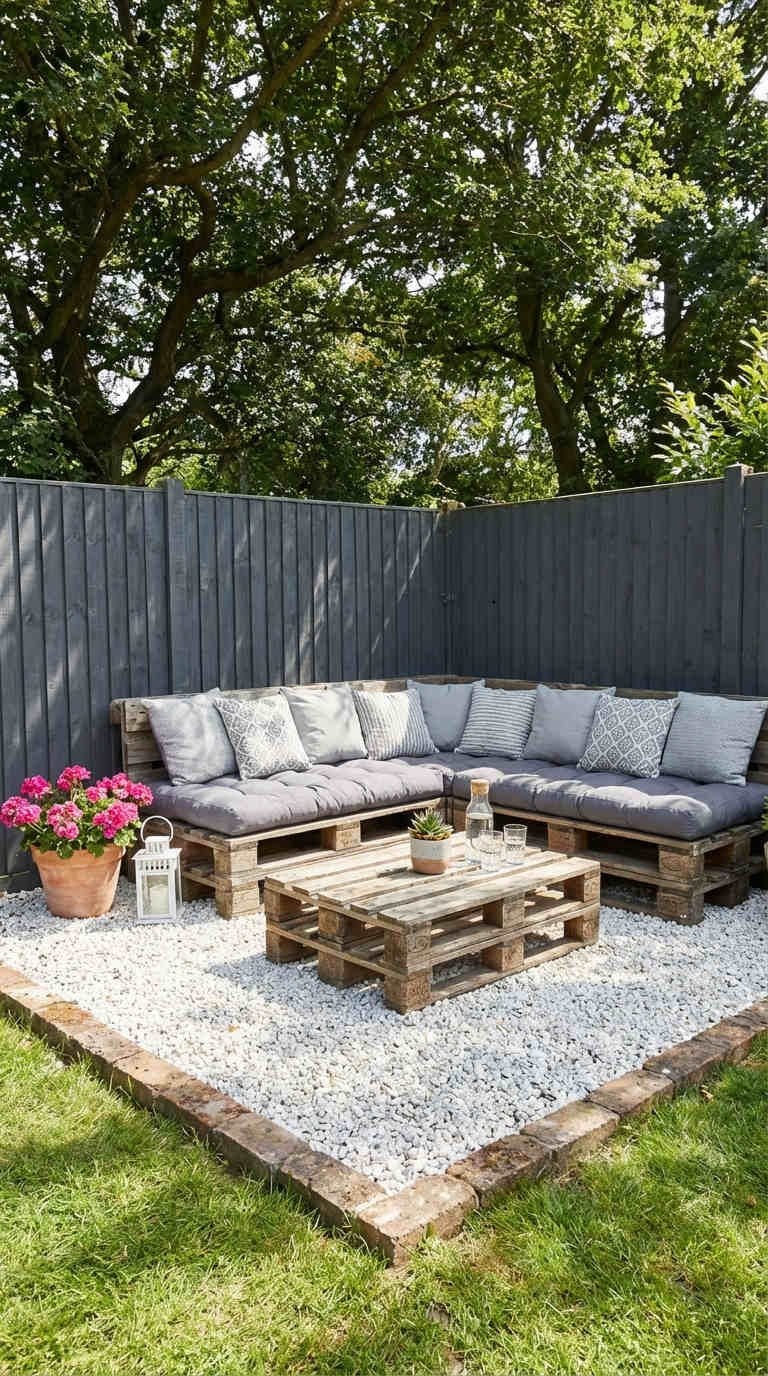 salon palette gravier blanc coussins gris