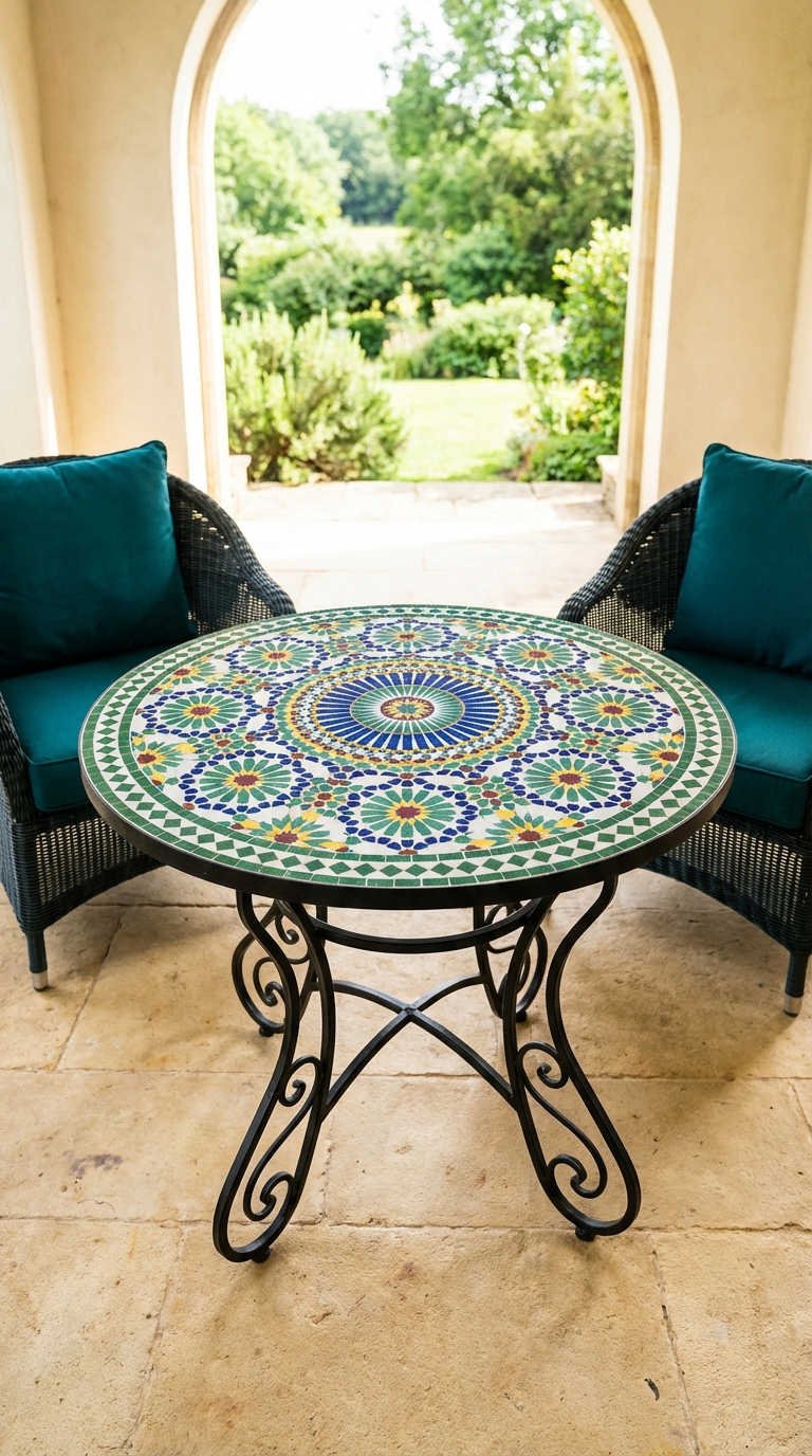 table mosaique bleu vert veranda fauteuils