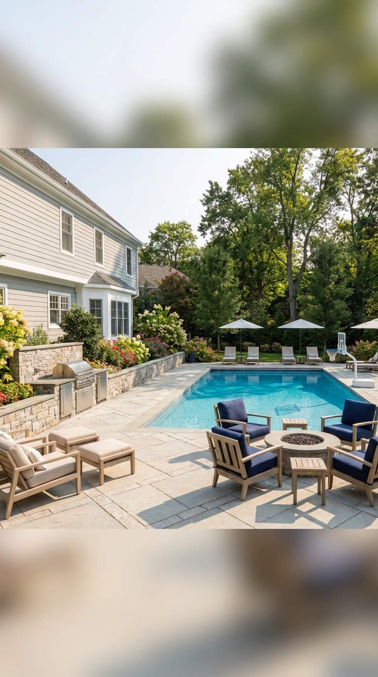 terrasse classique coin feu piscine