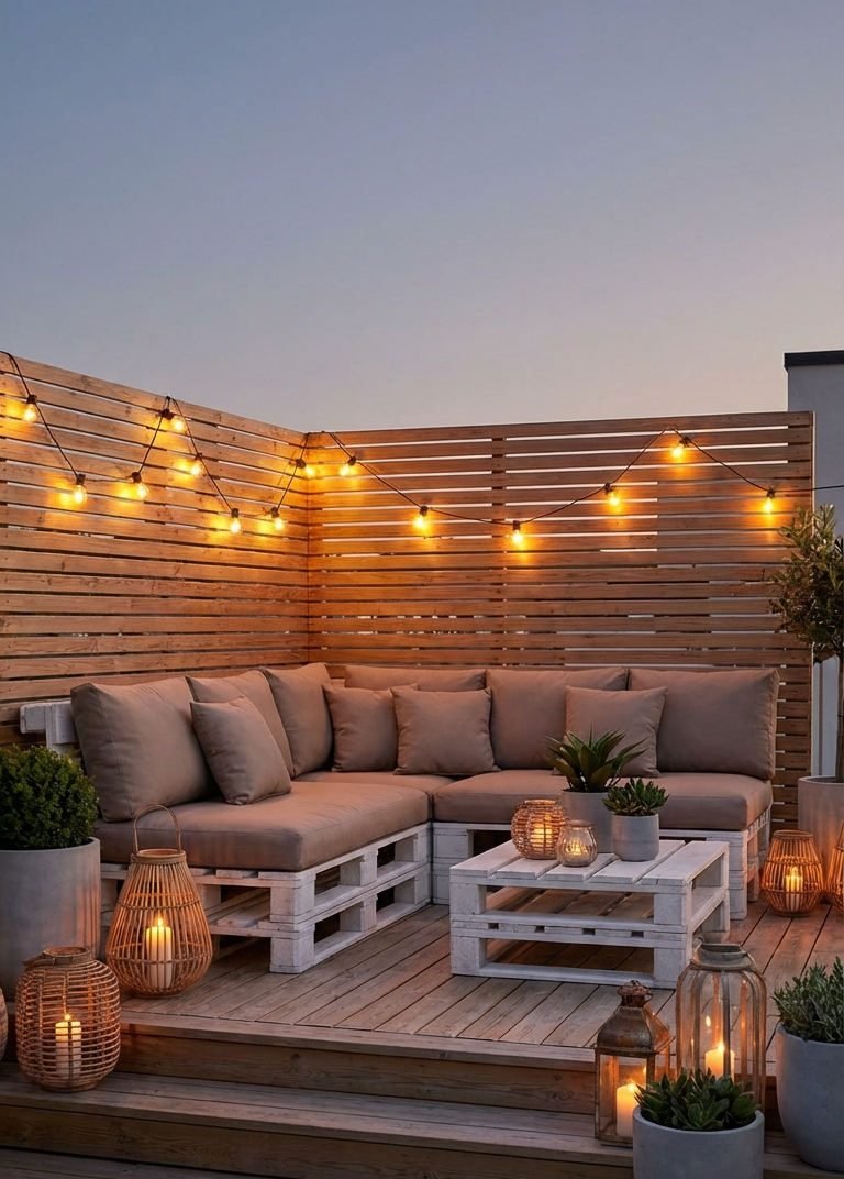 terrasse palette blanche guirlandes soiree