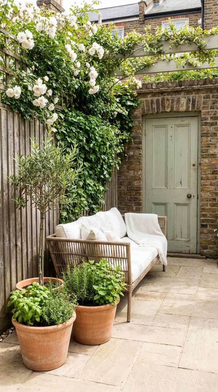 terrasse rotin olivier roses blanches