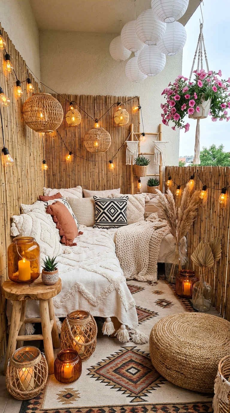 balcon bambou boheme lanternes