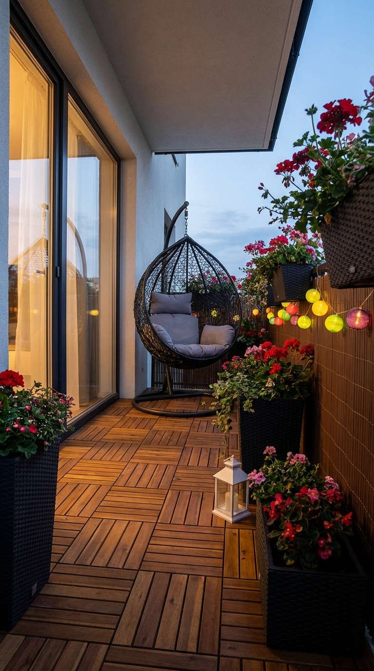 balcon fauteuil oeuf bambou fleurs