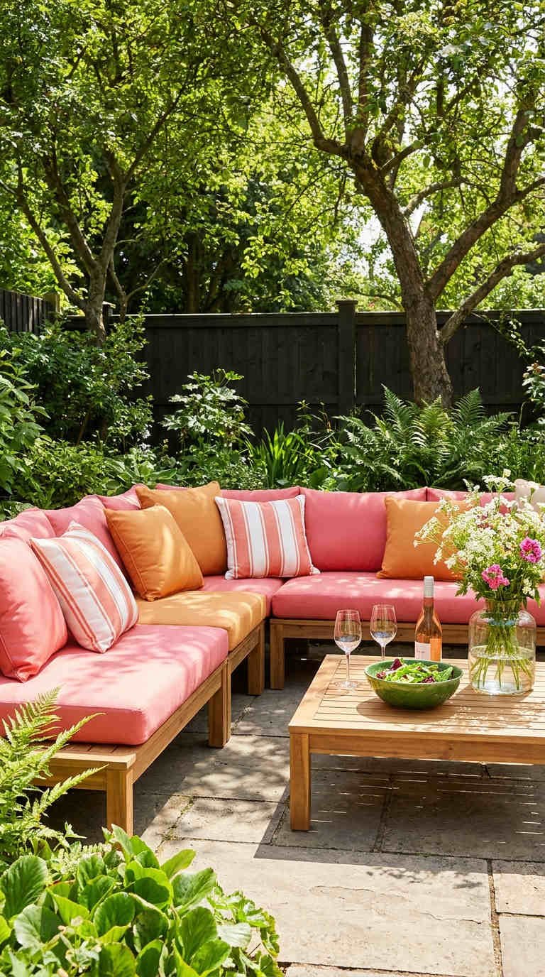 jardin coussins corail bois naturel