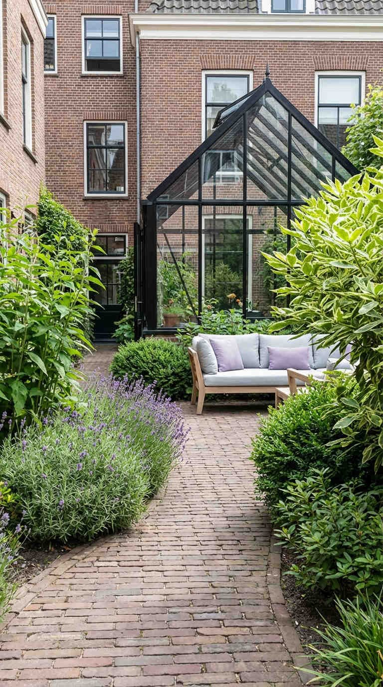 jardin serre briques canape lavande