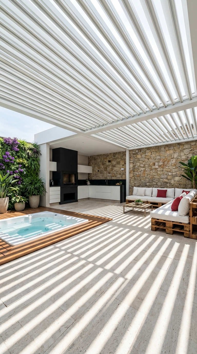 pergola bioclimatique jacuzzi salon coussins